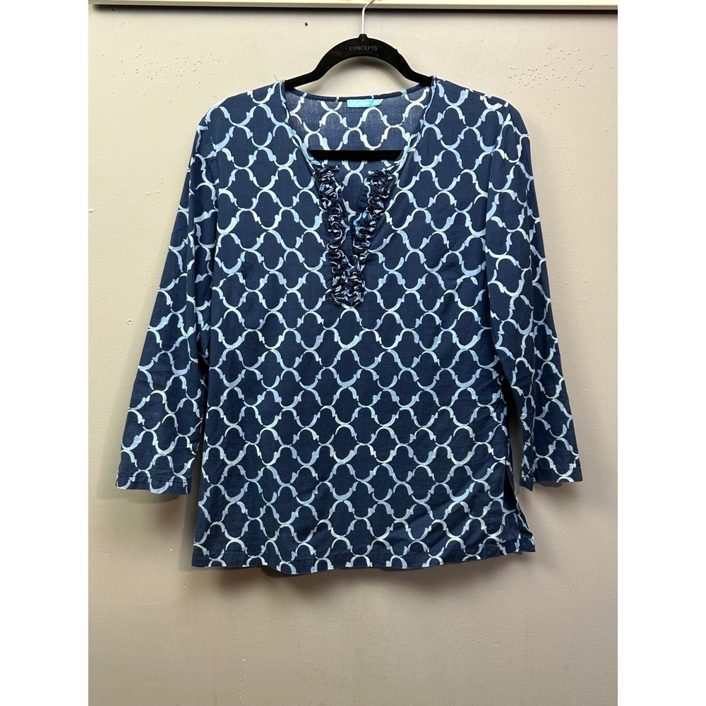 J.McLaughlin Top Womens XS Blue White Lattice Print Ruffle Neck 3/4 Sleeve Tunic